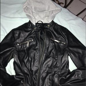 black leather jacket with a grey hood